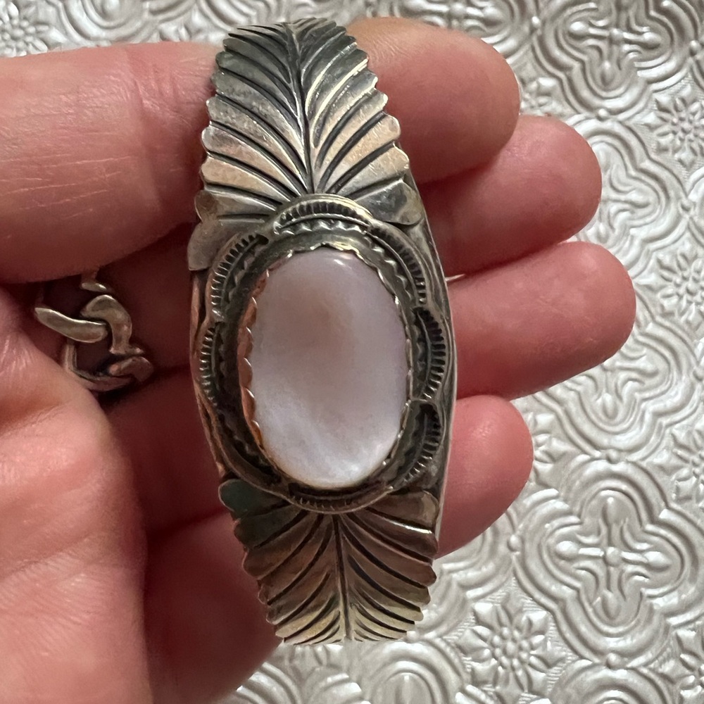 Sterling Silver White/pink Shell Statement Cuff Bracelet